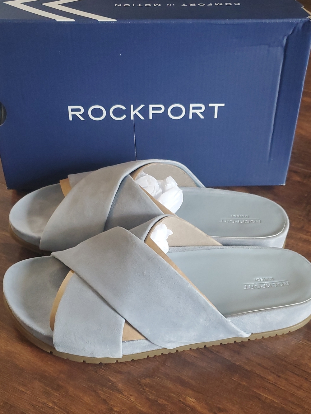 Rockport Light Gray Suede Crisscross Slide Sandals